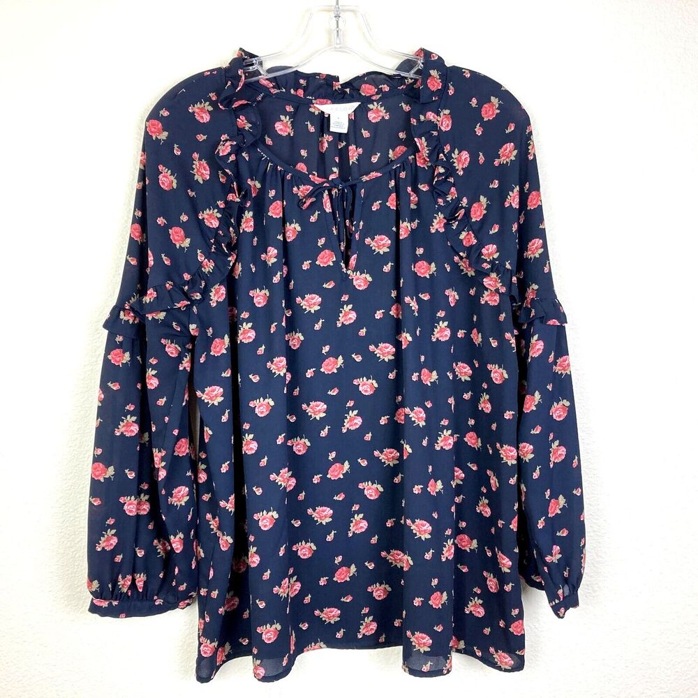Caslon Women's Tie Front Popover Top Size S Blue Pink Floral Roses Career Tunic
